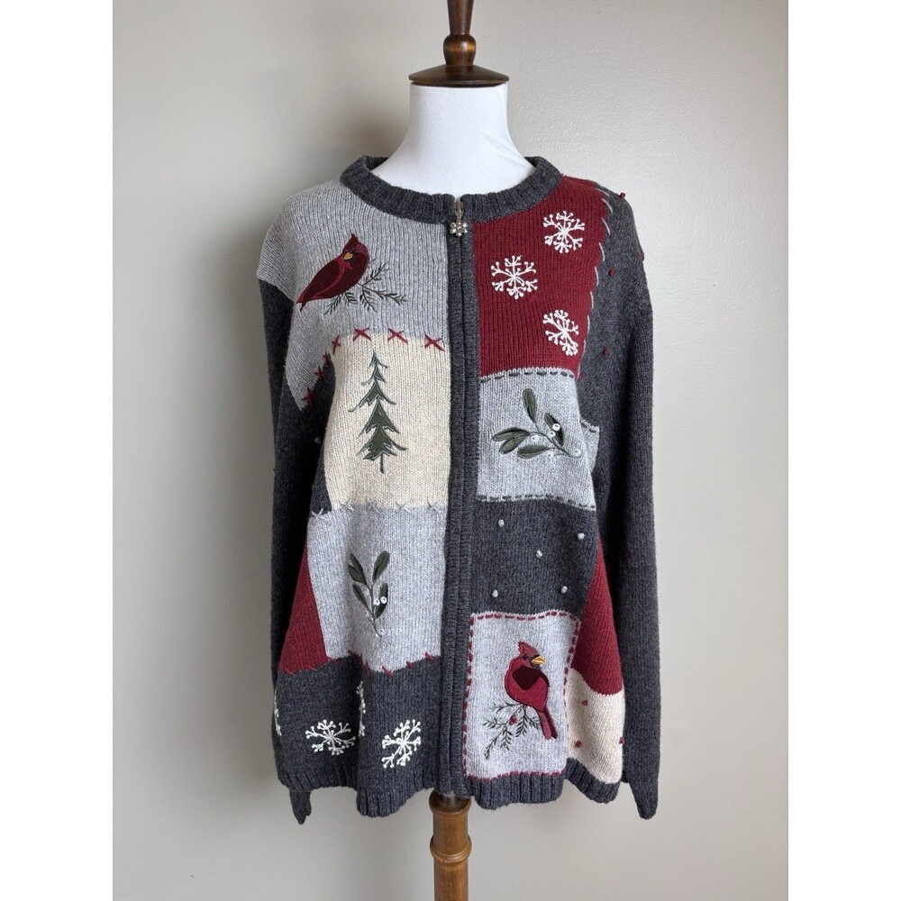 NWT Croft & Barrow Cardinal Patchwork Cardigan Xmas Holiday Sweater XL Grandma